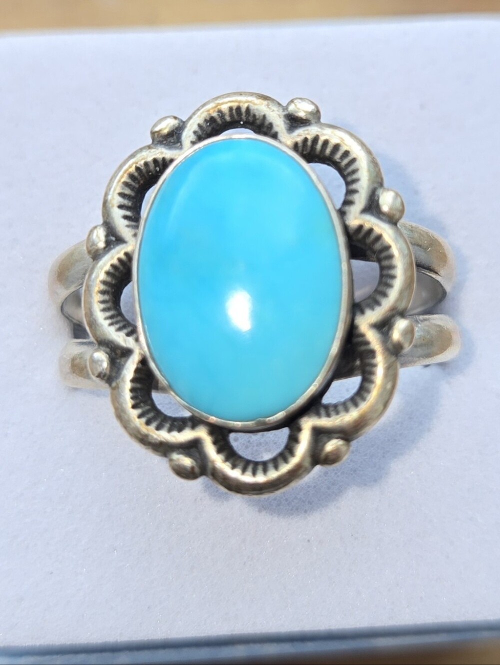 Sterling Silver Turquoise Oval  Ring - Bright Blue